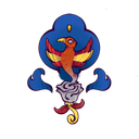 Blue and orange phoenix rising from a white rose.